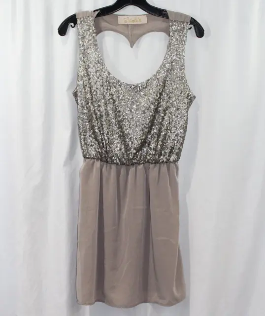 Lulus Womens Grey Taupe Embellished Sleeveless Heart Cutout Back Mini Dress L