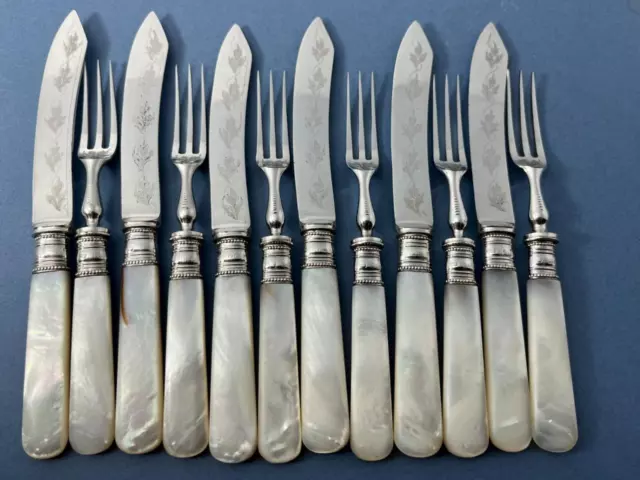 12 Antique Edwardian Hallmarked Silver Mother Of Pearl Dessert Cutlery Shef 1906