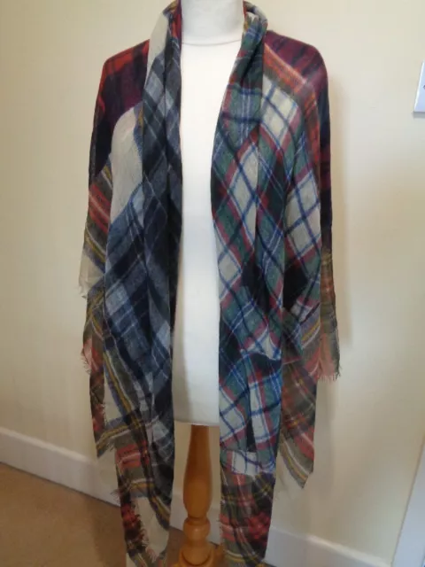 Franco Ferrari Wool And Cashmere Large Tartan Print Scarf With Fringing Detail