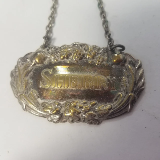 Liquor Bottle Decanter Tag Label SHERRY Silver Tone