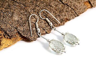 Beautiful Oval and Leaf Shape Green Amethyst Brass Silver Plated Earrings Pair