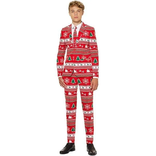 OppoSuits NWT Boys Red Winter Wonderland Suit - Jacket Pants Tie 16 $80