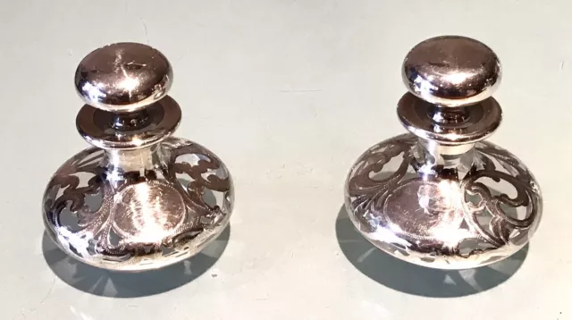 Pair Vintage Antique Sterling Silver Overlay Perfume Flask Bottle Decanter Jar