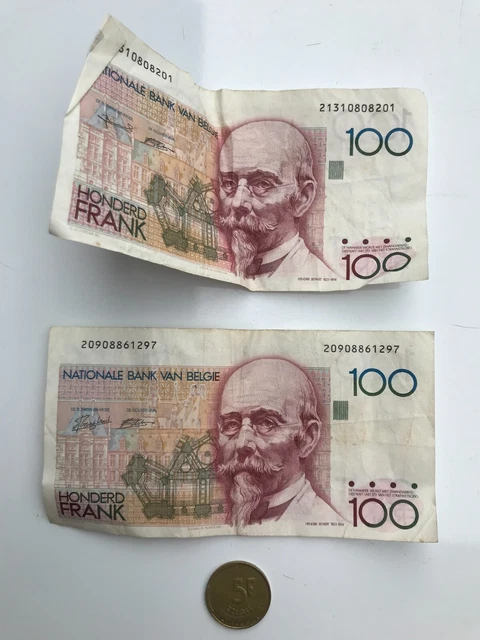 Belgium Franc notes (2) & coin (1), total of approx 205 Francs