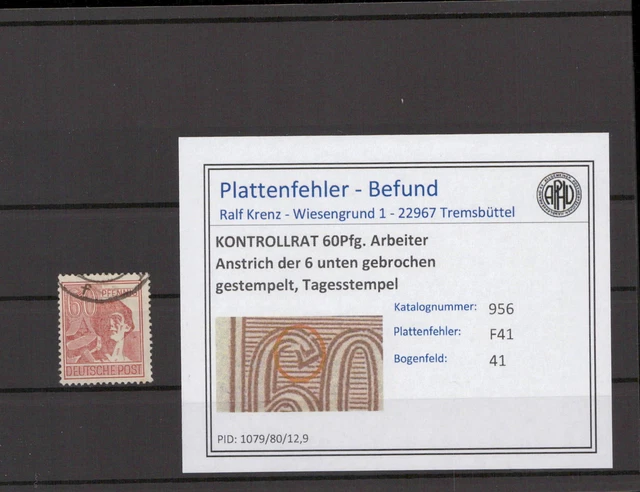 KONTROLLRAT 1947 PLATTENFEHLER Nr 956 F41 gestempelt (215813)