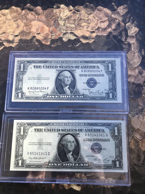 Two (2) Series 1935 E Blue Seal $1.00 One Dollar Silver Certificate Note Rare