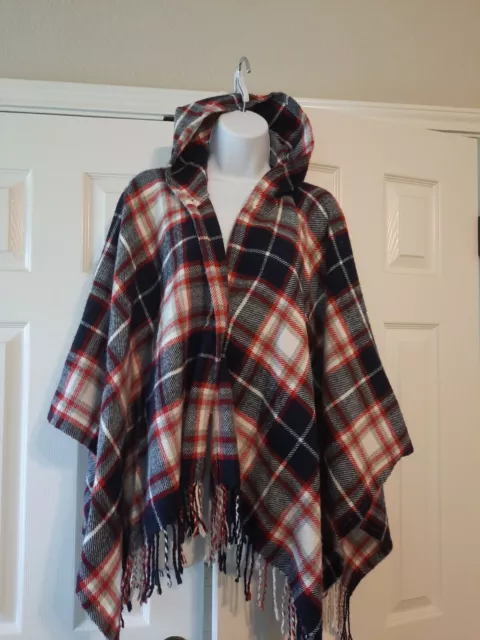 Spun Scarves by Subtle Luxury Hooded poncho Red and Blue Plaid with Front Button