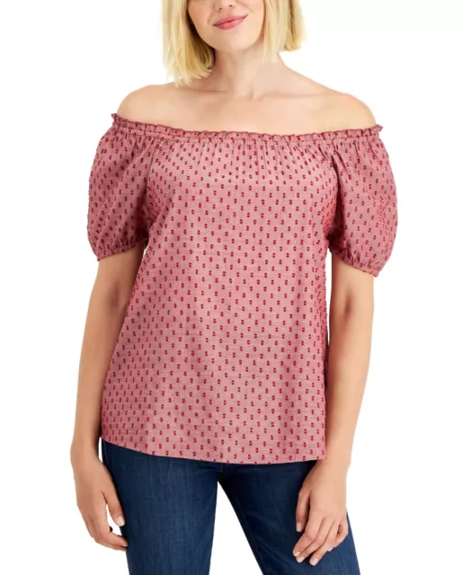 MSRP $50 Style & Co Cotton Off-The-Shoulder Swiss-Dot Top Red Size XS