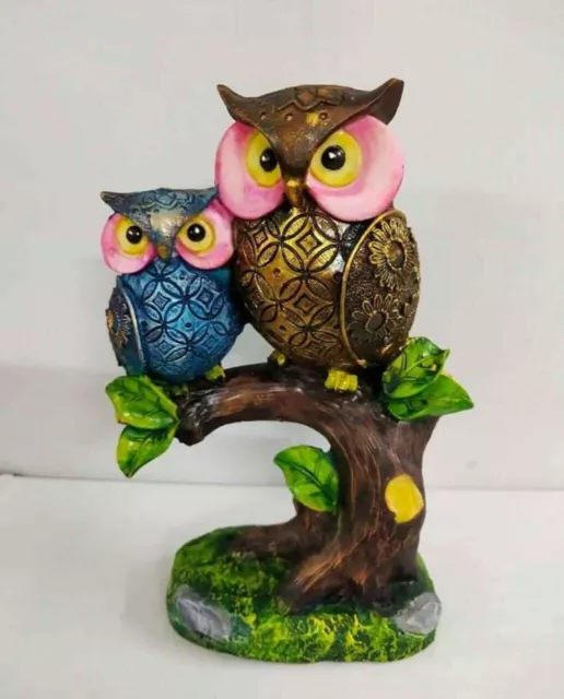 Handmade Polyresin Showpiece Owl Pair Sitting on Tree Statues Figurine Idols