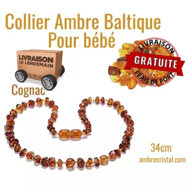 Acheter AMBEROS collier bébé ambre naturel baroque cognac
