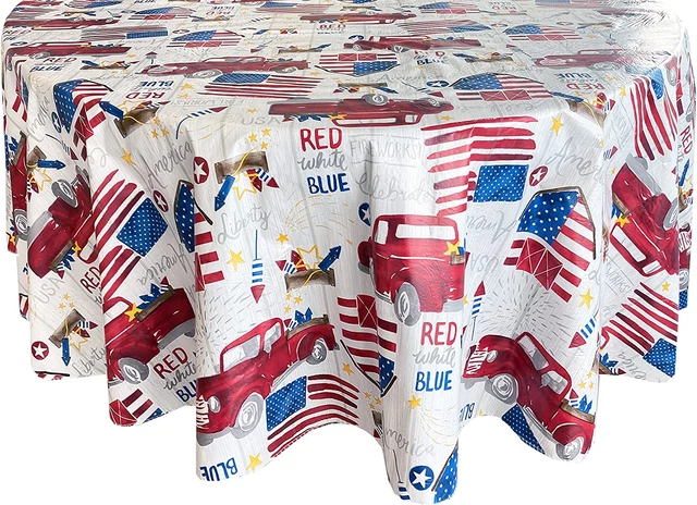 Patriotic Truck Red, White and Blue Vinyl Flannel Backed Tablecloth, American Ce