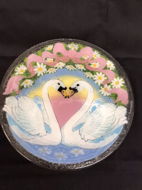 Vintage Signed Peggy Carr Swans Fused Glass Plate 11"