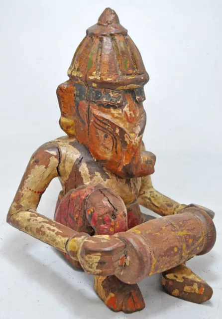 Vintage Wooden God Ganesha Musician Shape Figurine Original Hand Carved Painted