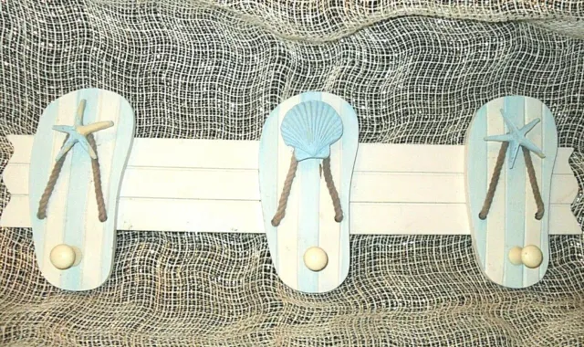 WOOD SANDALS & 3 HOOKS Wall Hanging Ocean Beach Starfish Nautical Towel Clothes