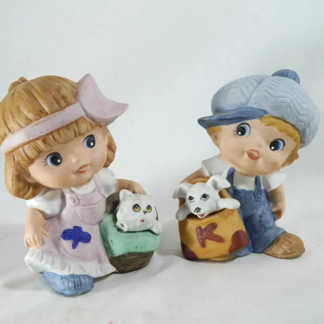 Homco Figurines Boy & Girl w/ Puppy Kitten in Baskets Ceramic Children Statue