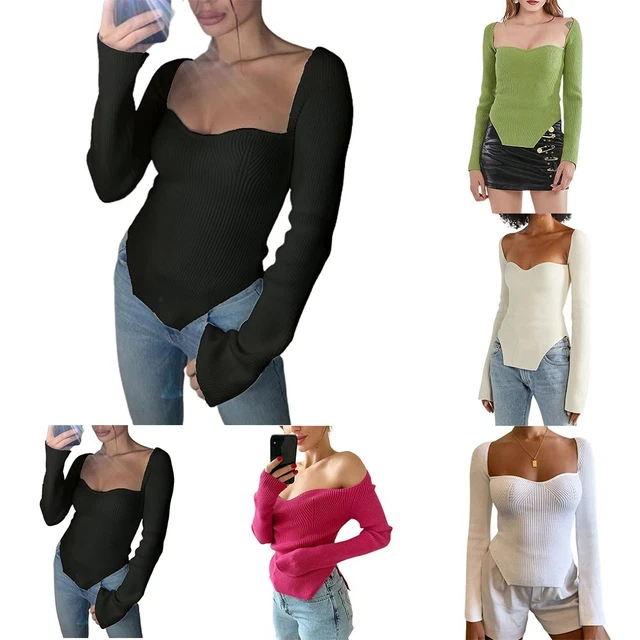 Weiblich Damen Pullover Pullover Quadratischer Ausschnitt Schatz Ausschnitt