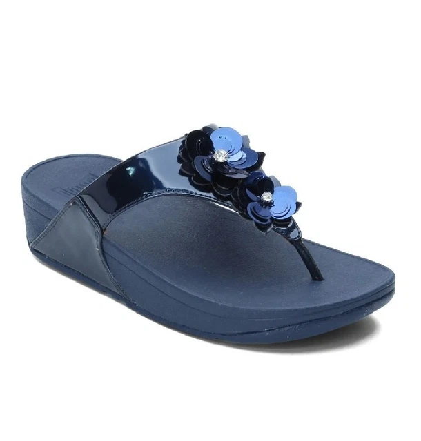Fitflop Size 8 LuLu Flower Toe Post Thong Toning Sandals Flip Flops Bling Blue