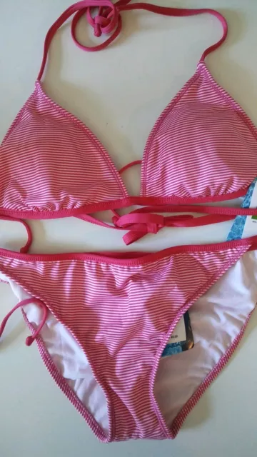 Splendid 2 Piece Triangle Bikini Set Womens sz 10 Mini Stripe Pink New SHIPSFAST