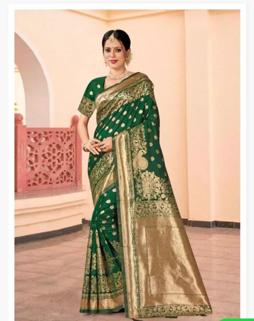 Green Banarasi silk saree indian formal wedding party wear designer women sari