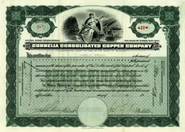 Cornelia Consolidated Copper Co. - Stock Certificate - Mining Stocks