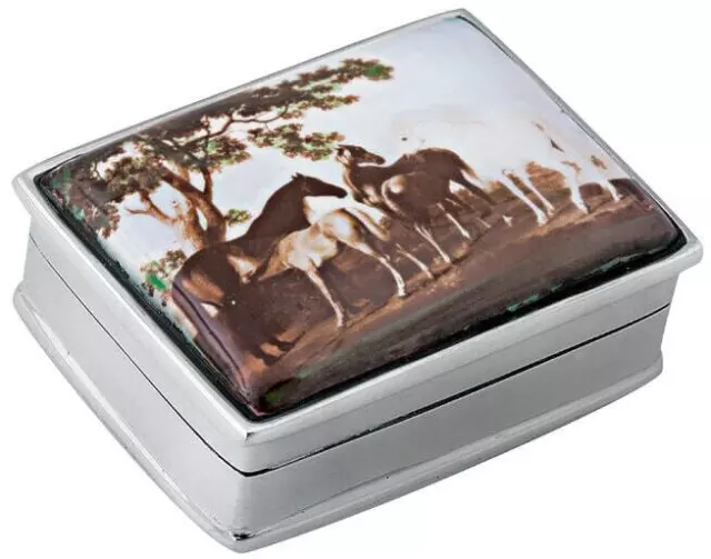 Five Horses Pill Box 925 Sterling Silver English Hallmarks Set With Hand