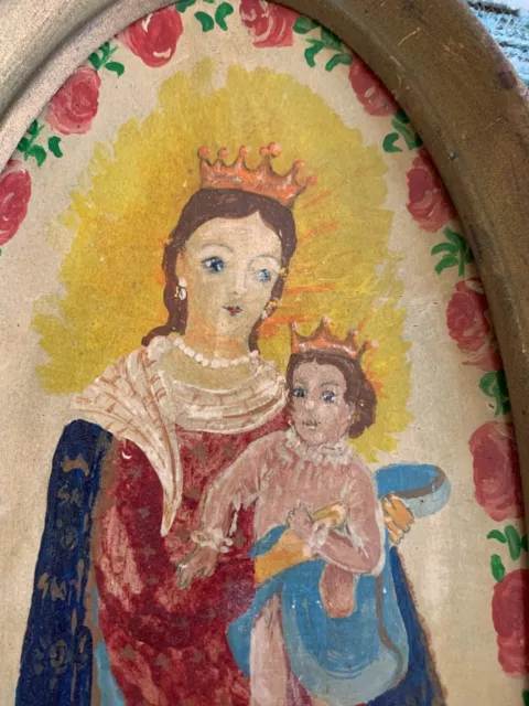 Beautiful  one of a kind Hand painted on tin Madonna and child circa 1920's/30's