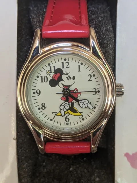 Disney Minnie Mouse Silver Tone Quartz Watch Red Bands NIB Rotating Arm Hands