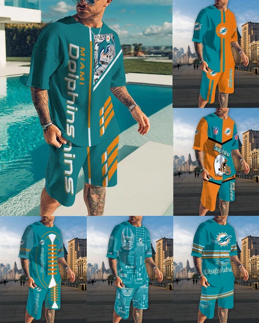 Miami Dolphins Mens 2PCS T-shirt Tracksuit Casual Tee Tops Summer Board Shorts