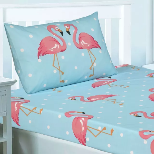 Fifi Flamingo Dots Blue Double Fitted Sheet & 2 Pillowcases - 3 Piece Set