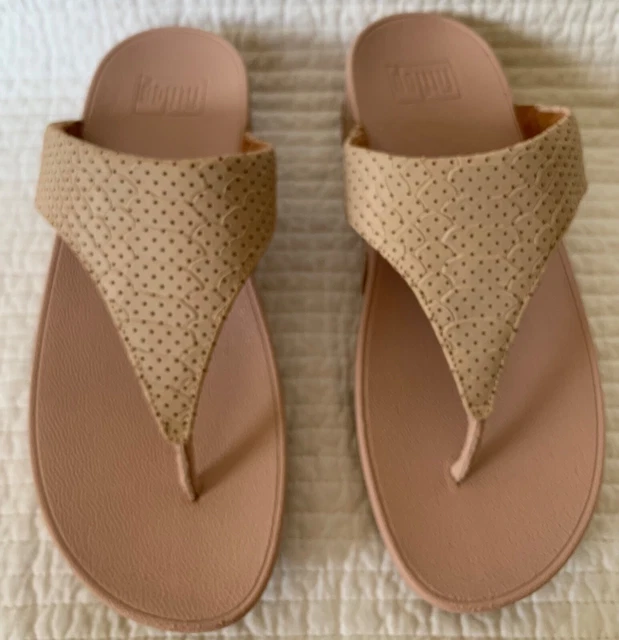 Fitflop Nib Lulu Beige Leather Perf Croc-Embossed Toe-Thong Size 9