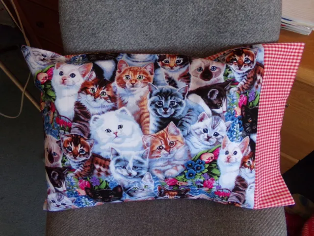 Travel Size Pillowcase 2 Sided Cat Faces /Red Gingham Cuff  14X20  #3654