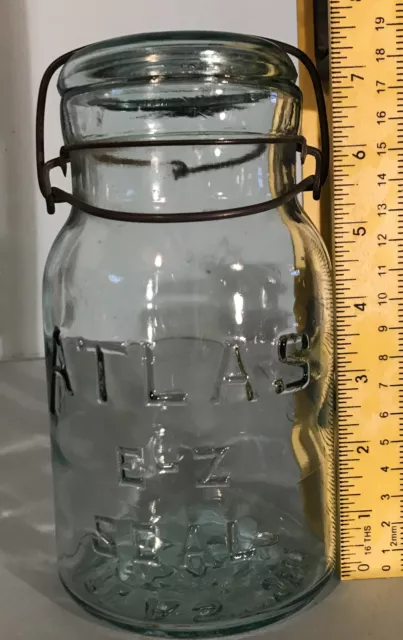 7" Vintage Atlas E-Z Seal Quart Aqua Blue Jar w/Glass Lid See Marks On Bottom