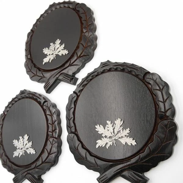 3 X Placa de Jabalí Tallado Oscuro Af 17,5cm Con 3 Pieza 6-blättrigen Hoja Roble 3