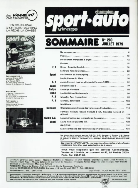 Sport Auto 210 1979 Les 24H Du Mans Gp Monaco Rallye Acropole Indy 500 Gordini 2