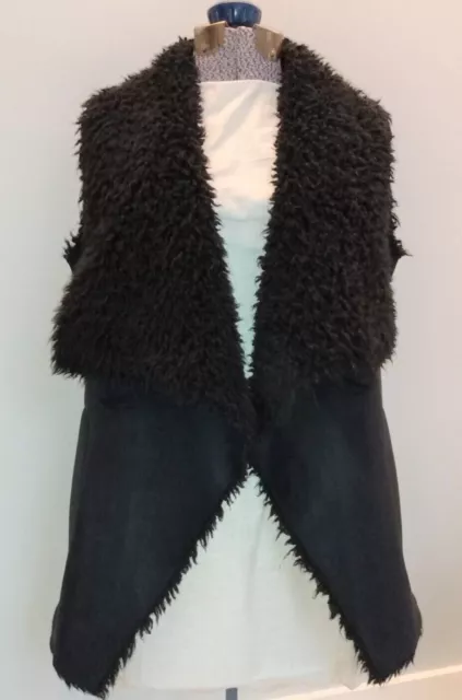 Pull & Bear Black Faux Suede Open Women's Vest Faux Shearling Lined, size S