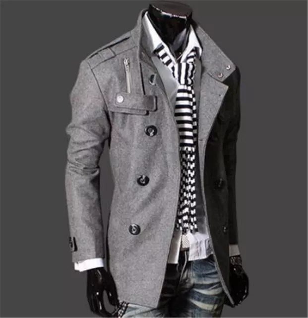 Men Woolen Long Jacket Trench Coat Double Breasted Overcoat Warm Outwear Winter