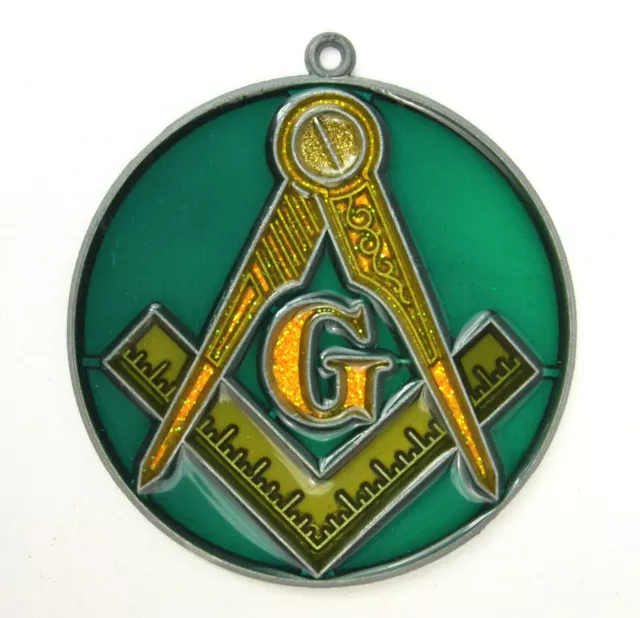 Vintage Freemason Maonic G Window Suncatcher Stained Glass Look Green Round