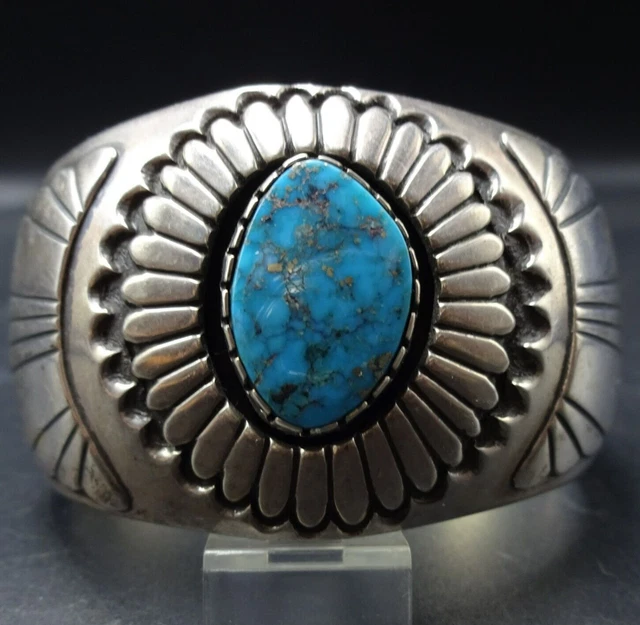 Lex Billie NAVAJO Heavy Sterling Silver BLUE MORENCI TURQUOISE Cuff BRACELET