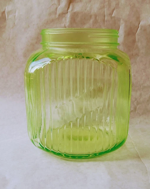 Green Depression Uranium Glass Ribbed Hoosier Canister Jar 1930's No Lid