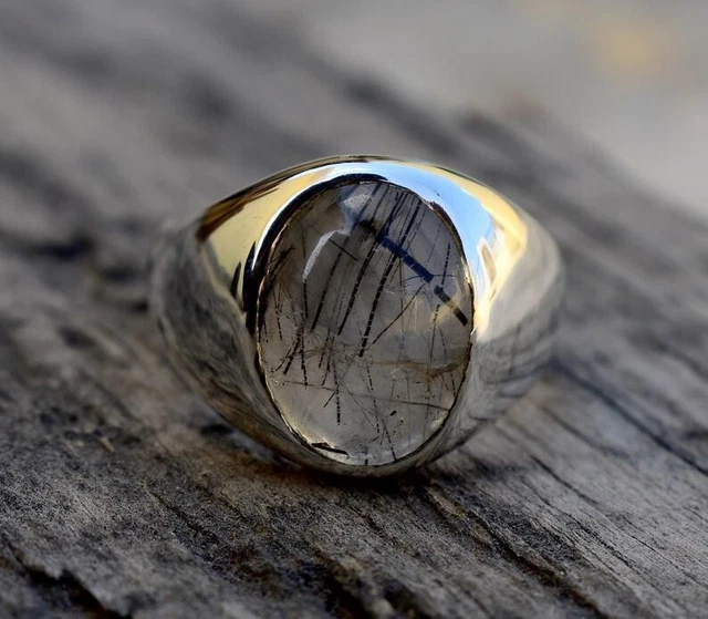 Solid 925 Sterling Silver Natural Black Rutilated Quartz Gemstone Mens Ring
