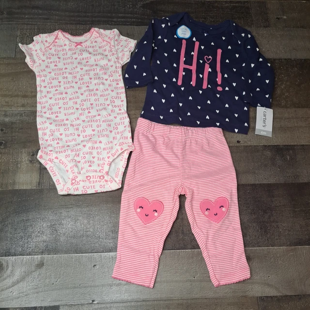 Carters Baby Girls 6 Month Outfit Set 3 Piece Heart Pants Cute Hi Bodysuit NEW