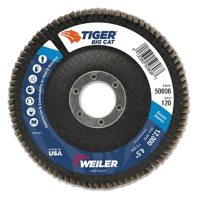 Tiger Big Cat High Density Flap Disc, 4-1/2 in Dia, 120 Grit, 7/8 in Arbor,
