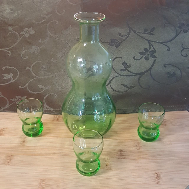  vintage JAPANESE  4 piece  depression GREEN GLASS sake set 
