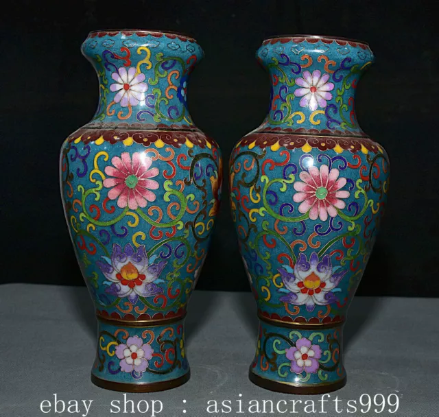10.4" Old China Qianlong Marked Cloisonne Enamel Bronze Flower Vase Bottle Pair