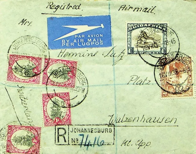 SEPHIL SOUTH AFRICA 1938 6v ON JOHANNESBURG REGD AIRMAIL COVER TO SWITZERLAND