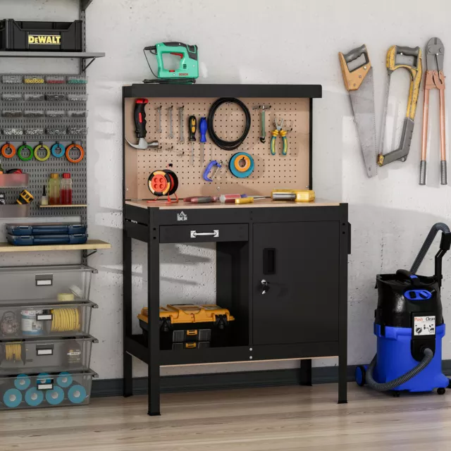 Work Table Garage Tool Stand w/ 20 Hook Peg Board, Tool Storage, 220lbs Capacity