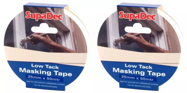 2x SupaDec DIY Painters Multi-Surface Low Tack Masking Tape Roll - 25mm x 50m