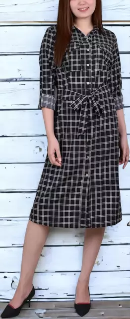 NEW NY Collection Women's Checkered Sheath Roll Tab Button Up Dress Pet PXL NWT