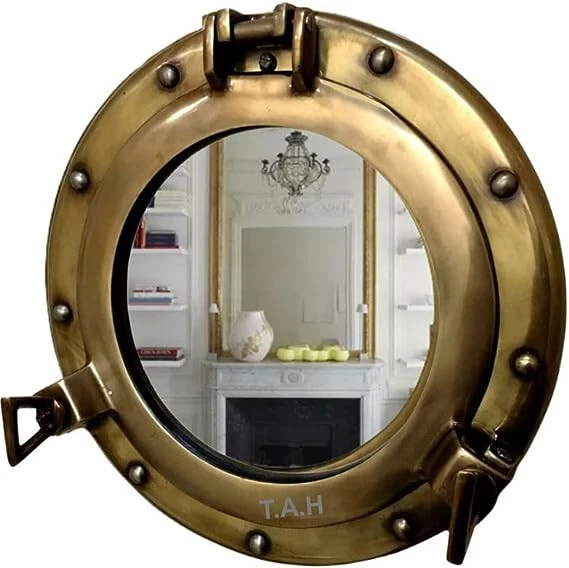 Latón Antiguo Portilla Espejo Aluminio 15" Colgante de Pared Náutico Hogar