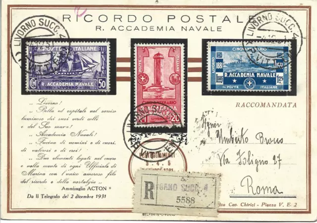 Storia Postale Regno 1931 - Accademia Navale Livorno - Cartolina Raccomandata